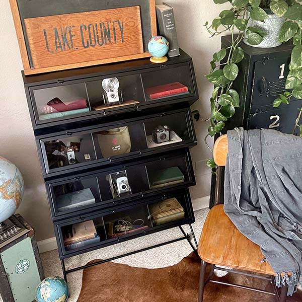 Geometric Metal Storage Cabinet with Glass Doors