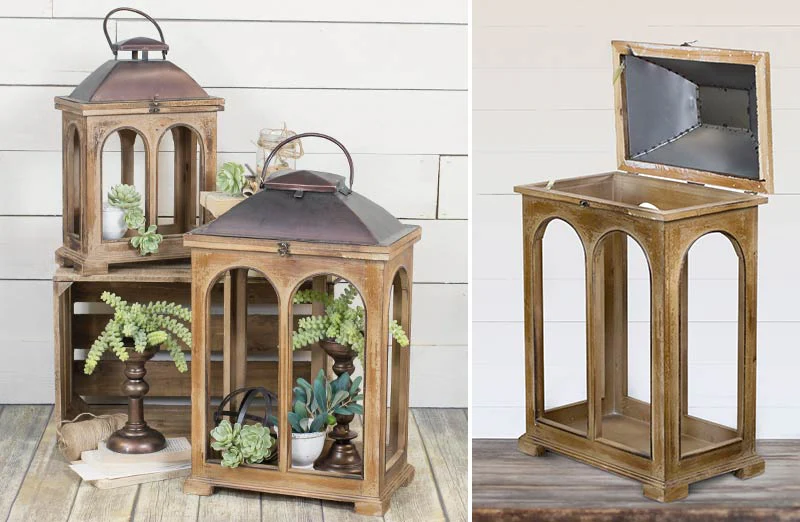 Rustic Wood Lanterns Set of 2