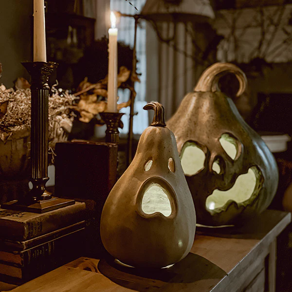 Estate Stone Gourd Jack-o-Lanterns, Set of Two