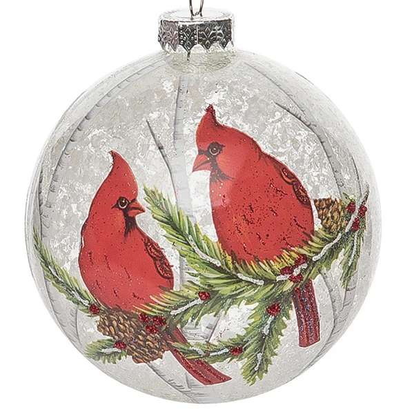 Glass Painted Snow Cardinal Ornaments, Set of 2