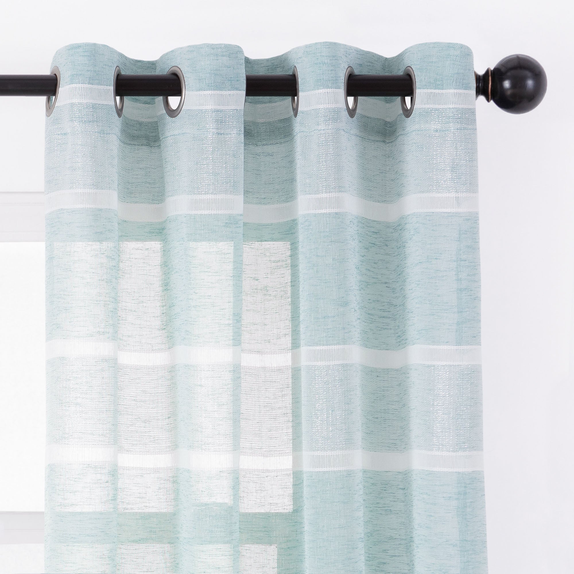 Shimmer Stripe Faux Linen Sheer Grommet Curtains