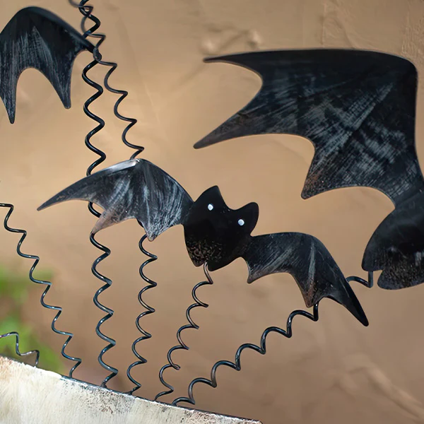 Painted Metal Halloween Skull with Bats Yard Art