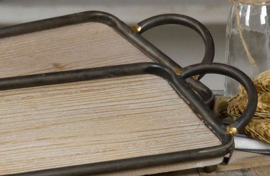 Rustic Metal Framed Wood Trays, Set of Two