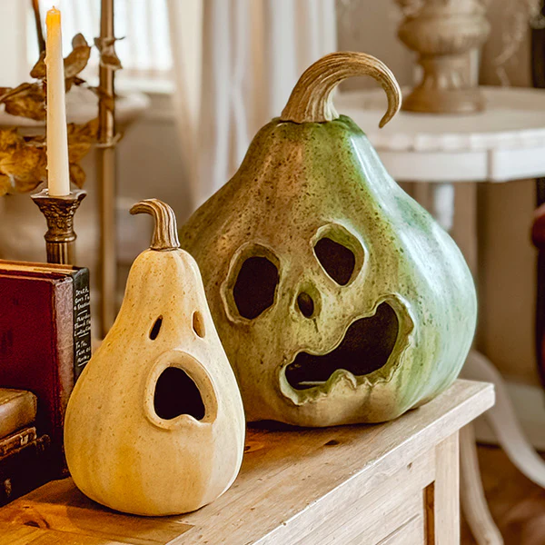 Estate Stone Gourd Jack-o-Lanterns, Set of Two