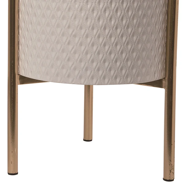 Embossed White Planter with Brass Finish Stands, Set of 2