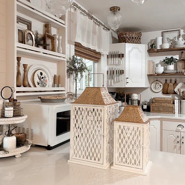 Large Ornate Caged Metal Candle Lanterns, Set of 2