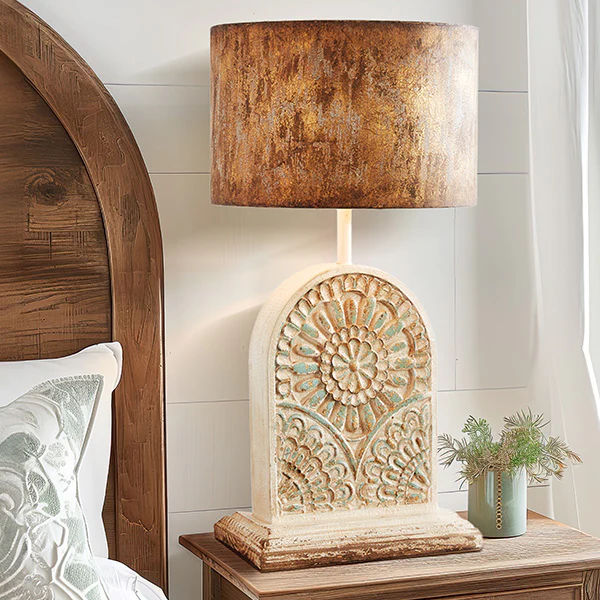 Ornate Wood Table Lamp with Metal Shade