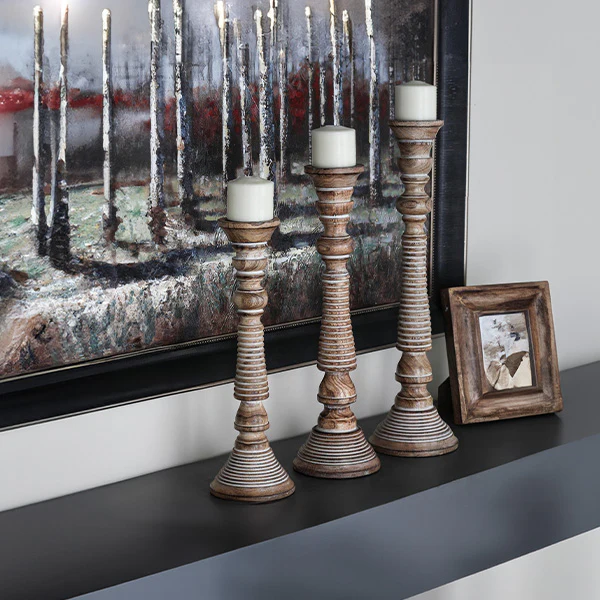 Mango Wood Pillar Candle Holders, Set of Three