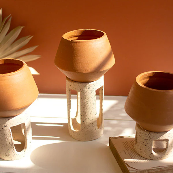Clay Pot Planters with Speckled Stands, Set of 3