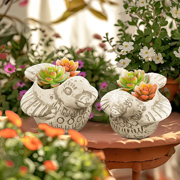 Handmade Sculpted Bird Clay Planters, Set of 2