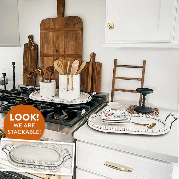 Whitewashed Beaded Edge Oval Trays, Set of 2