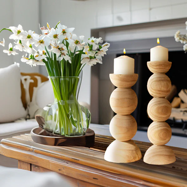 Hand Carved Wooden Ball Candle Holders, Set of 2