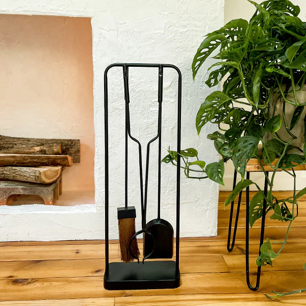 Black Iron Fireplace Tool Set with Brush Shovel and Tongs