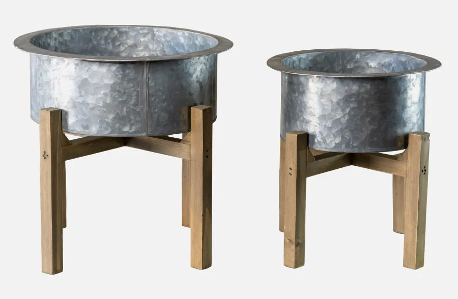 Galvanized Planters on Wooden Stand, Set of 2