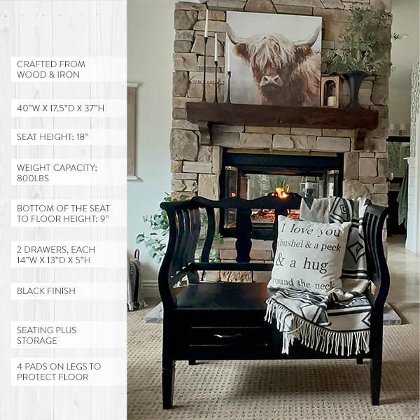 Ornate European Black Storage Bench