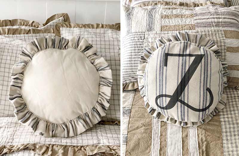 Ruffled Feedsack Monogrammed Pouf Pillow