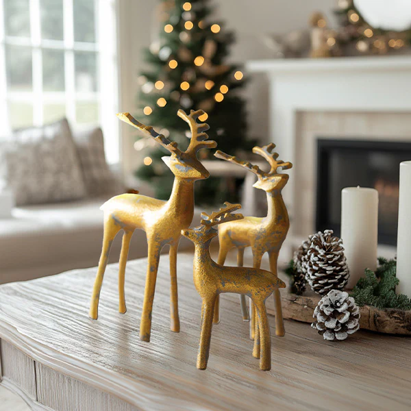 Weathered Golden Merry Reindeer Figurines, Set of Three