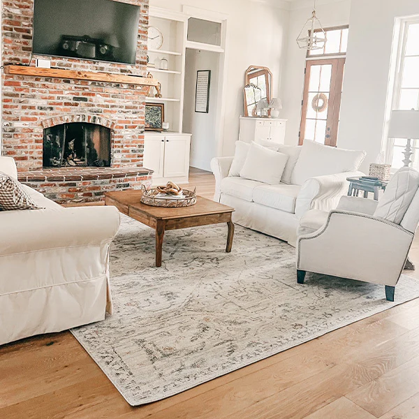 Damask Off White & Blue Area Rug