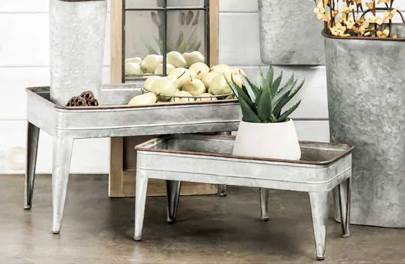 Galvanized Metal and Wood Tray Tables  Set of 2