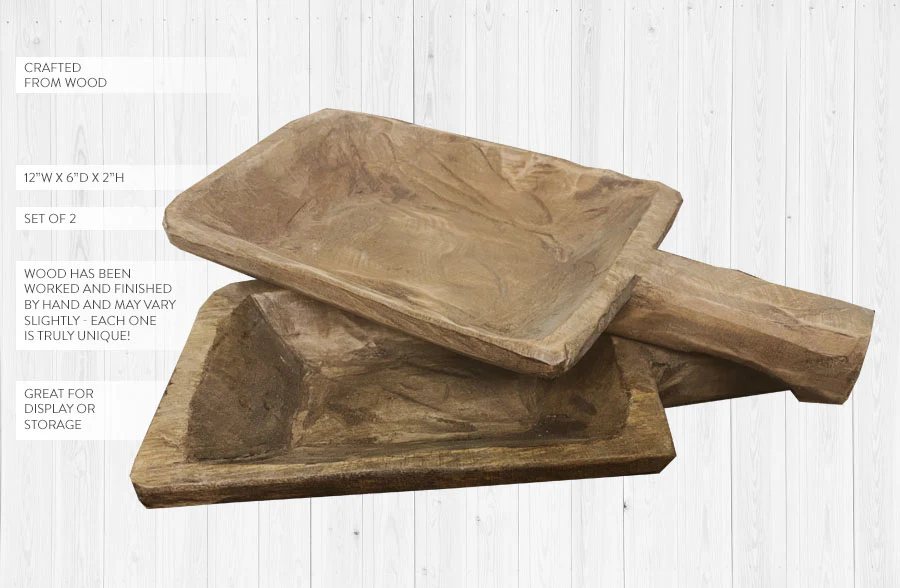 Authentic Handcrafted Wooden Dough Bowls with Handles, Set of 2