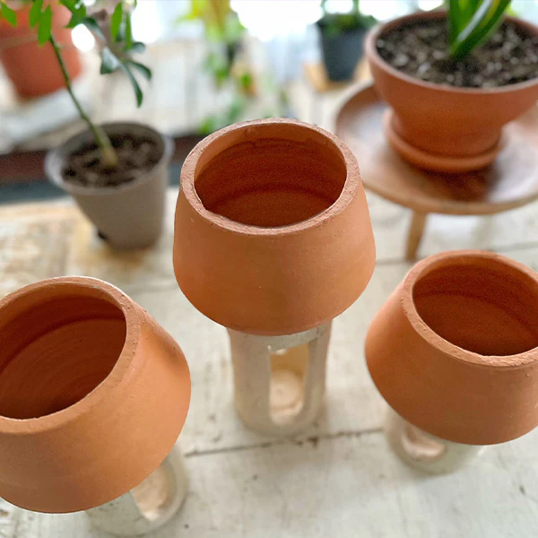 Clay Pot Planters with Speckled Stands, Set of 3