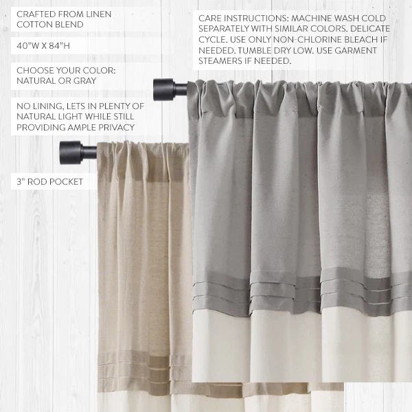 Farmhouse Faux Linen Colorblock Curtain Panel Set, Pick Your Color