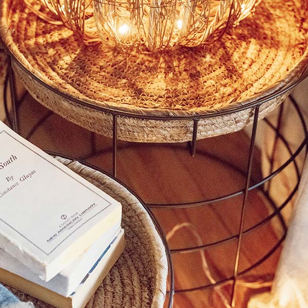 Metal End Tables with Seagrass Trays, Set of 2