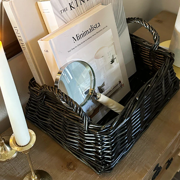 Black Finish Willow Storage Baskets with Handles, Set of Two