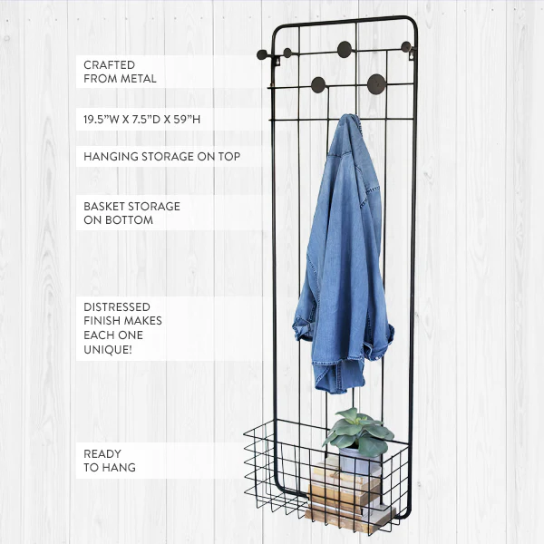 Wall Mounted Metal Coat Rack with Basket