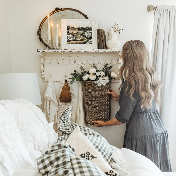 Rustic Farmhouse Wooden Wall Shelf with Five Hooks