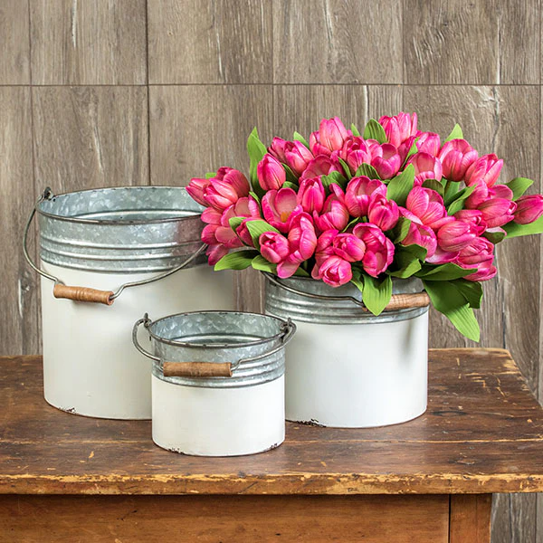 Galvanized Metal and White Buckets, Set of 3
