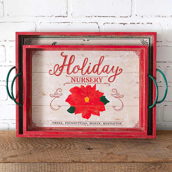 Vintage Inspired Wood Holiday Serving Trays with Handles, Set of Two