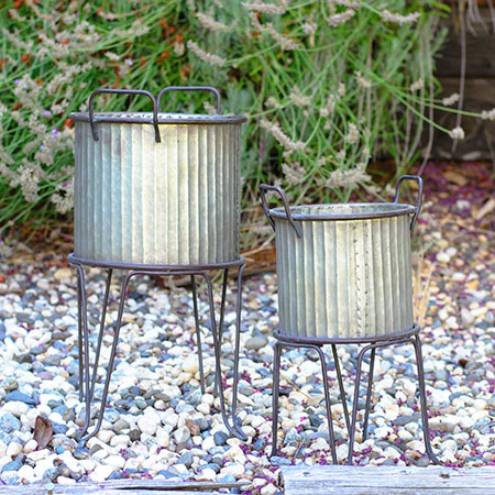 Galvanized Ribbed Standing Planters, Set of 2