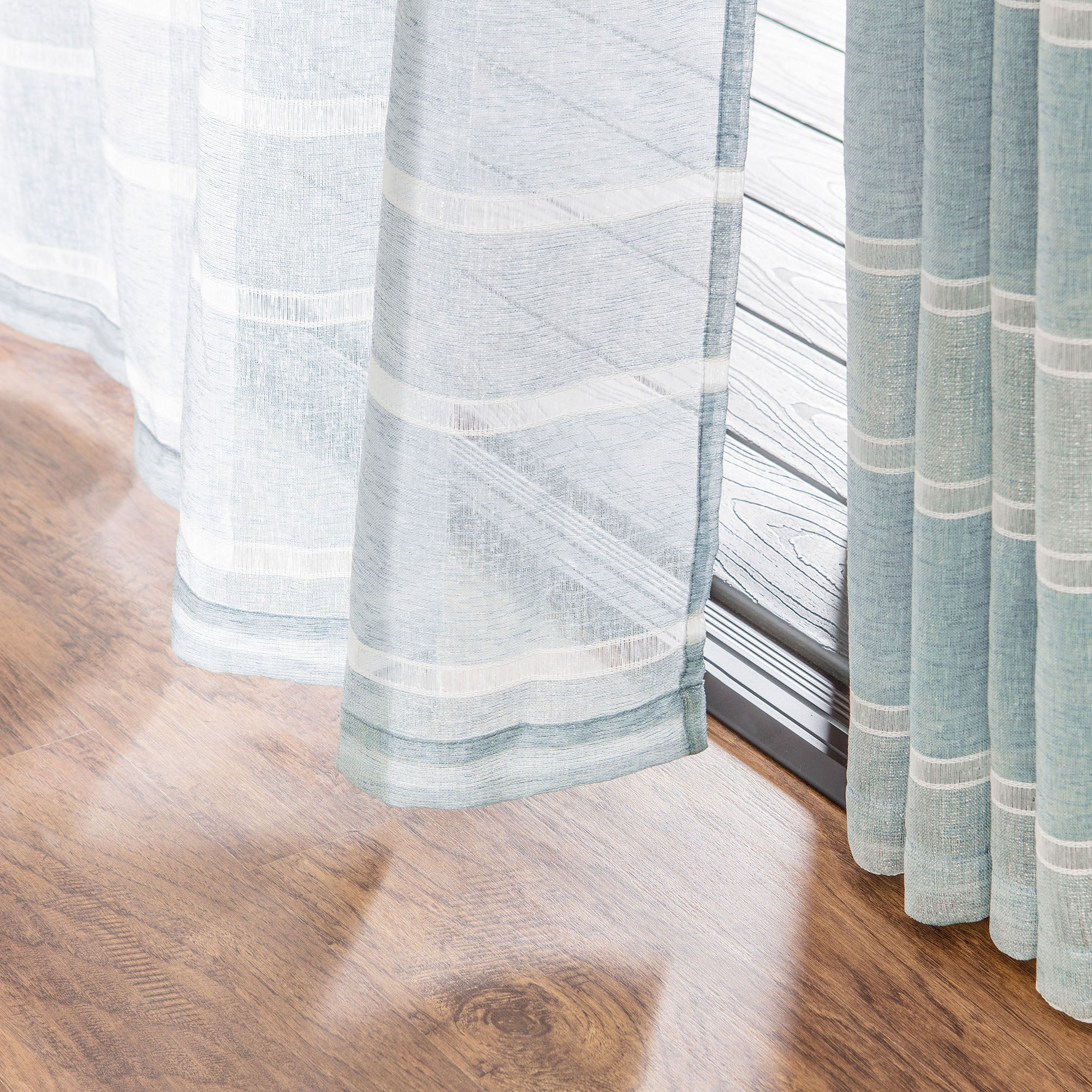 Shimmer Stripe Faux Linen Sheer Grommet Curtains