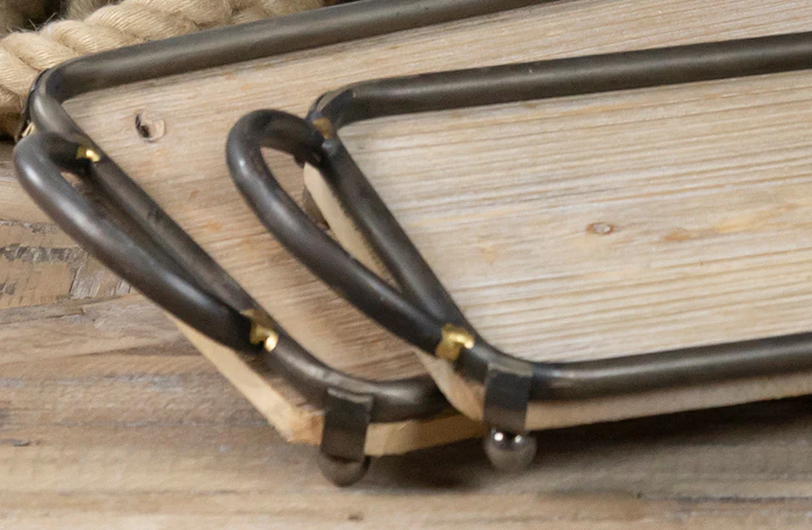 Rustic Metal Framed Wood Trays, Set of Two