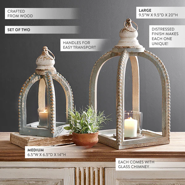 French Inspired Hurricane Glass Lanterns, Set of Two
