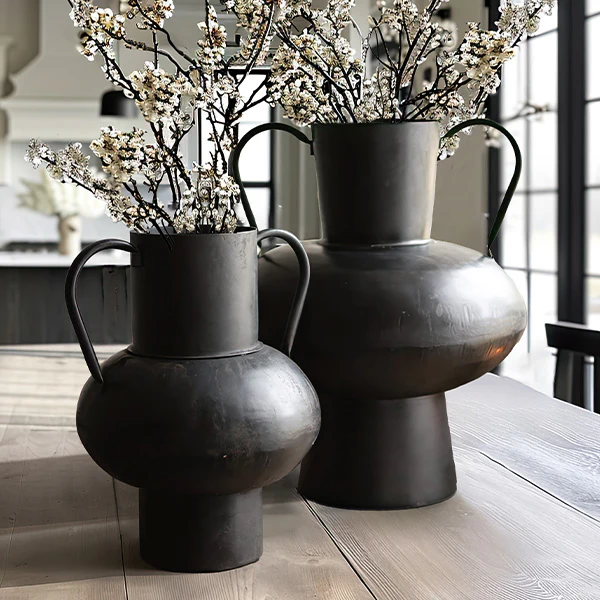 Waxed Metal Black Urn Vases, Set of 2