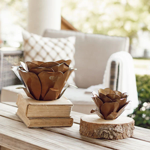 Metal Flower Blossom Candle Holders, Set of 2