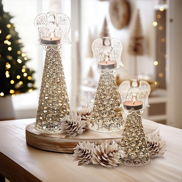 Glass Christmas Candle Holders, Set of 3