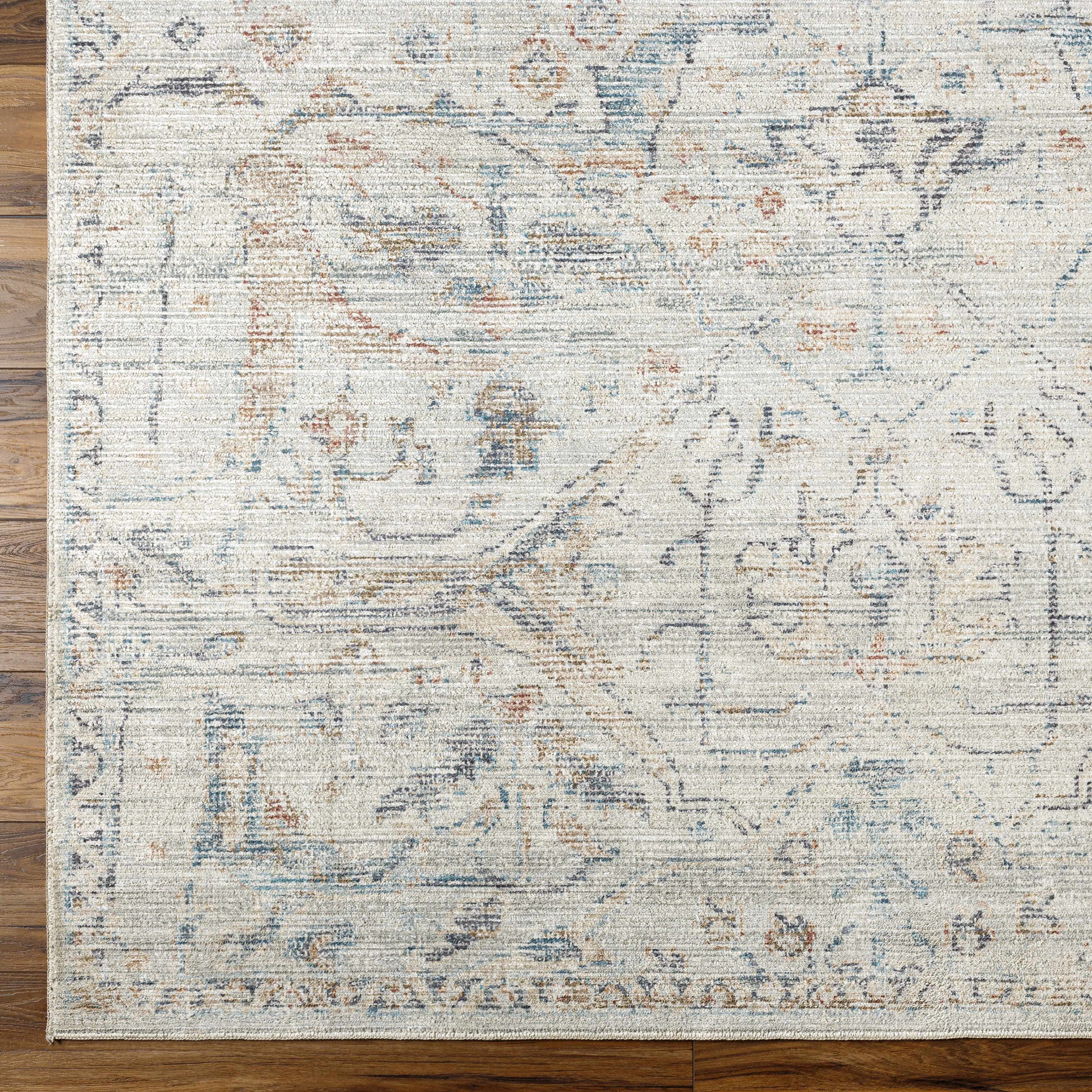 Damask Off White & Blue Area Rug