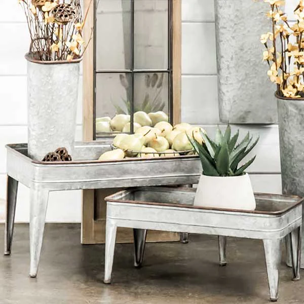 Galvanized Metal and Wood Tray Tables  Set of 2