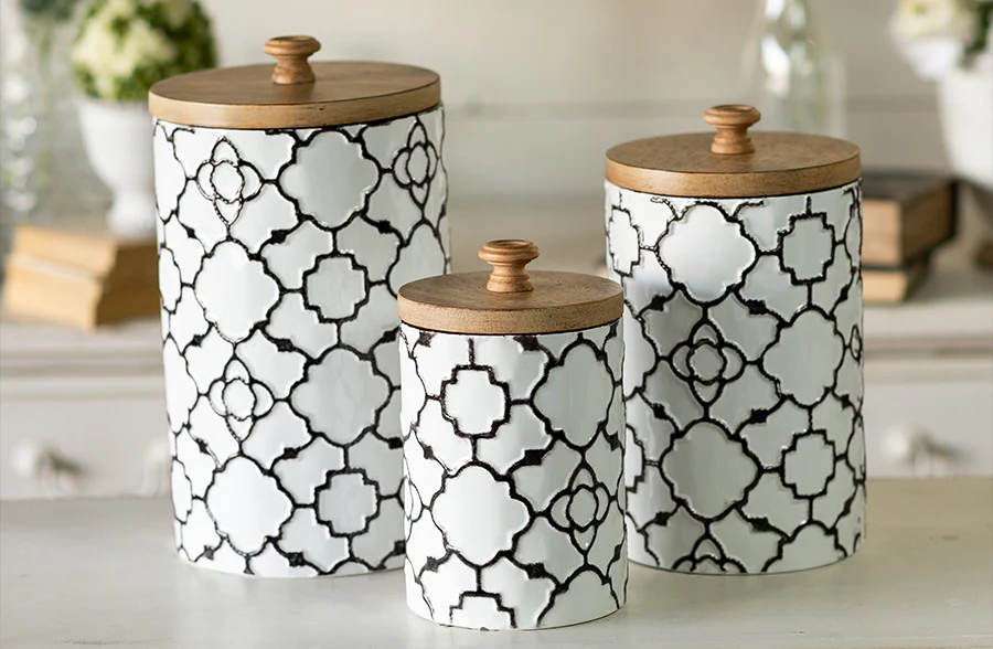 Embossed Patterned Canisters with Wooden Lids, Set of 3