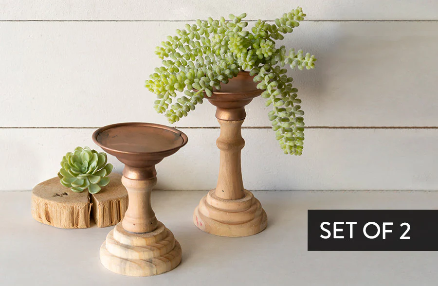 Wood and Copper Candle Holders, Set of 2