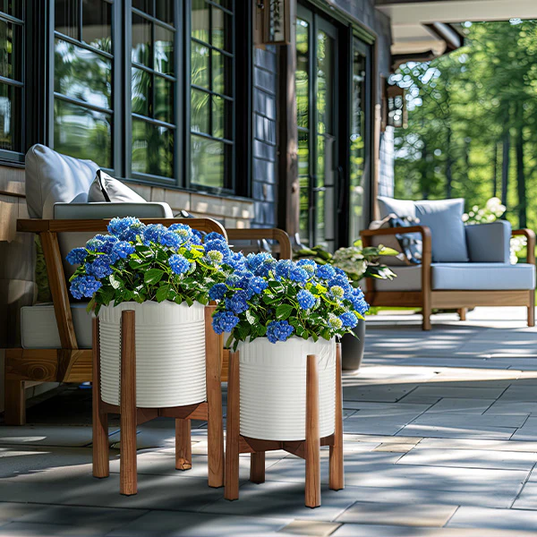 Matte White Iron Planters on Removable Stands, Set of Two