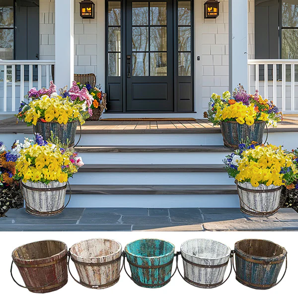 Antiqued Finish Wooden Bucket with Handles, Pick Your Color
