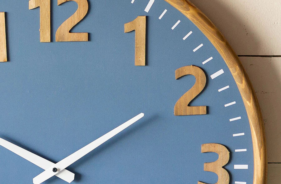 Blue Wall Clock with Wooden Numbers