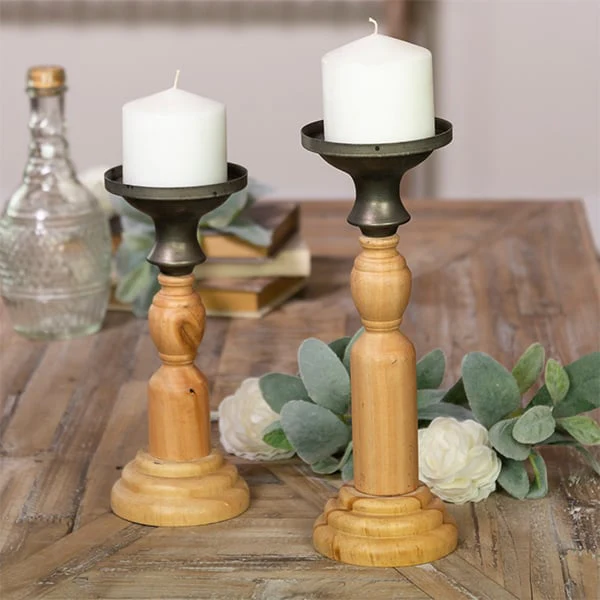 Metal and Wood Pillar Candle Holders. Set of 2