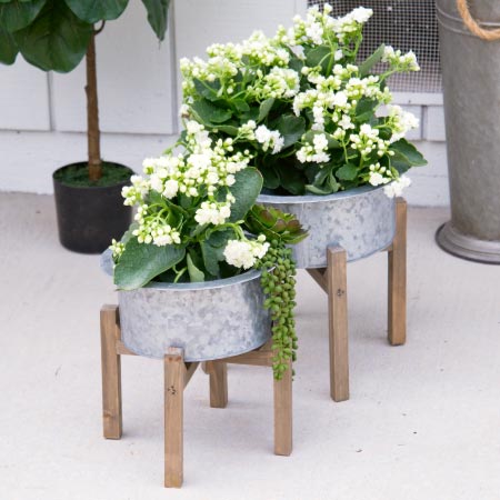Galvanized Planters on Wooden Stand, Set of 2