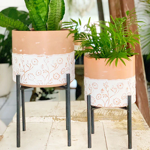 Floral Embossed Plant Stands, Set of 2