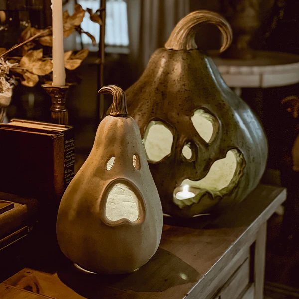 Estate Stone Gourd Jack-o-Lanterns, Set of Two